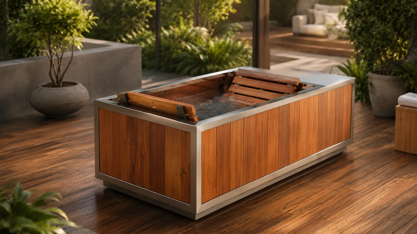 wooden cold plunge tub on a woooden deck with lush greenery