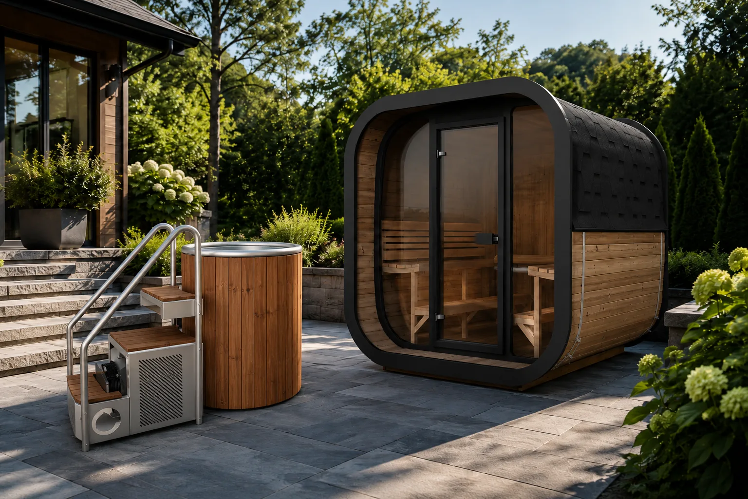 backyard sauna and cold plunge setup