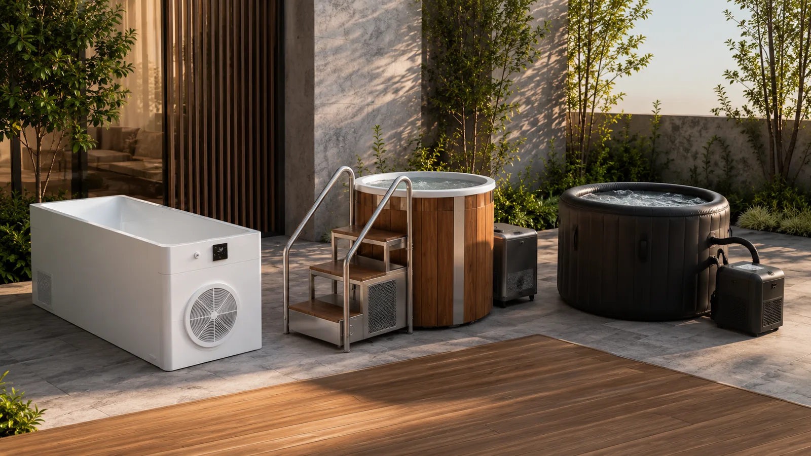 3 different plung tubs in a luxury back yard setting