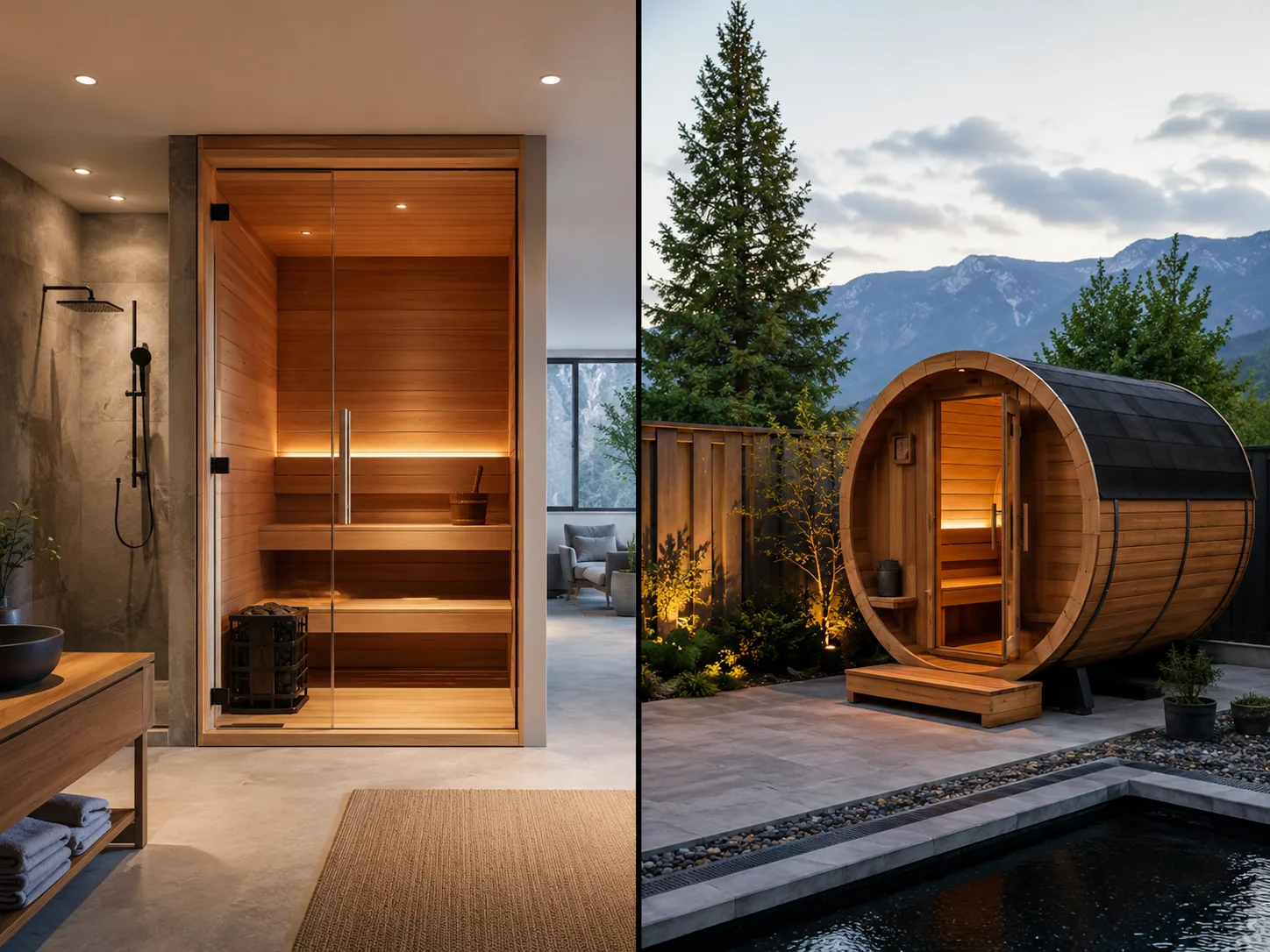 split image of an indoor and an outdoor sauna in natural settings
